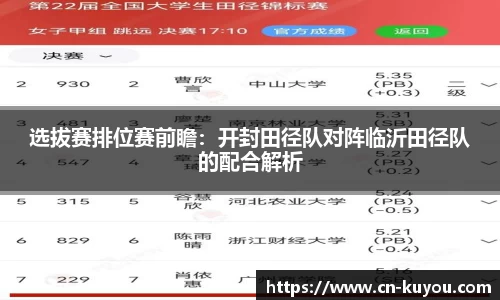 选拔赛排位赛前瞻：开封田径队对阵临沂田径队的配合解析